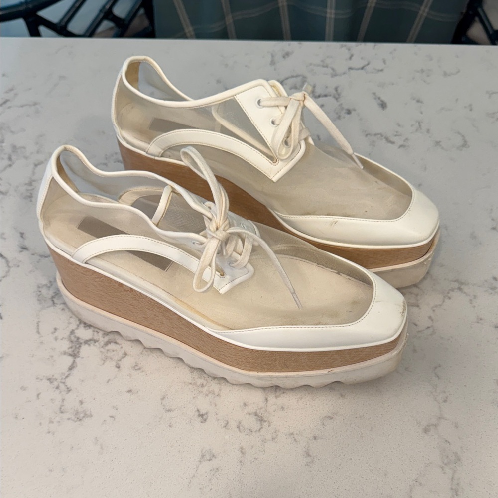 Stella McCartney White Mesh & Tan Platform Lace-Up Wedges